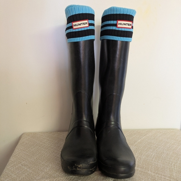 Hunter Knee High Rubber Boots With Blue Hunter Socks In Original Gloss Size 10 - Picture 5 of 13